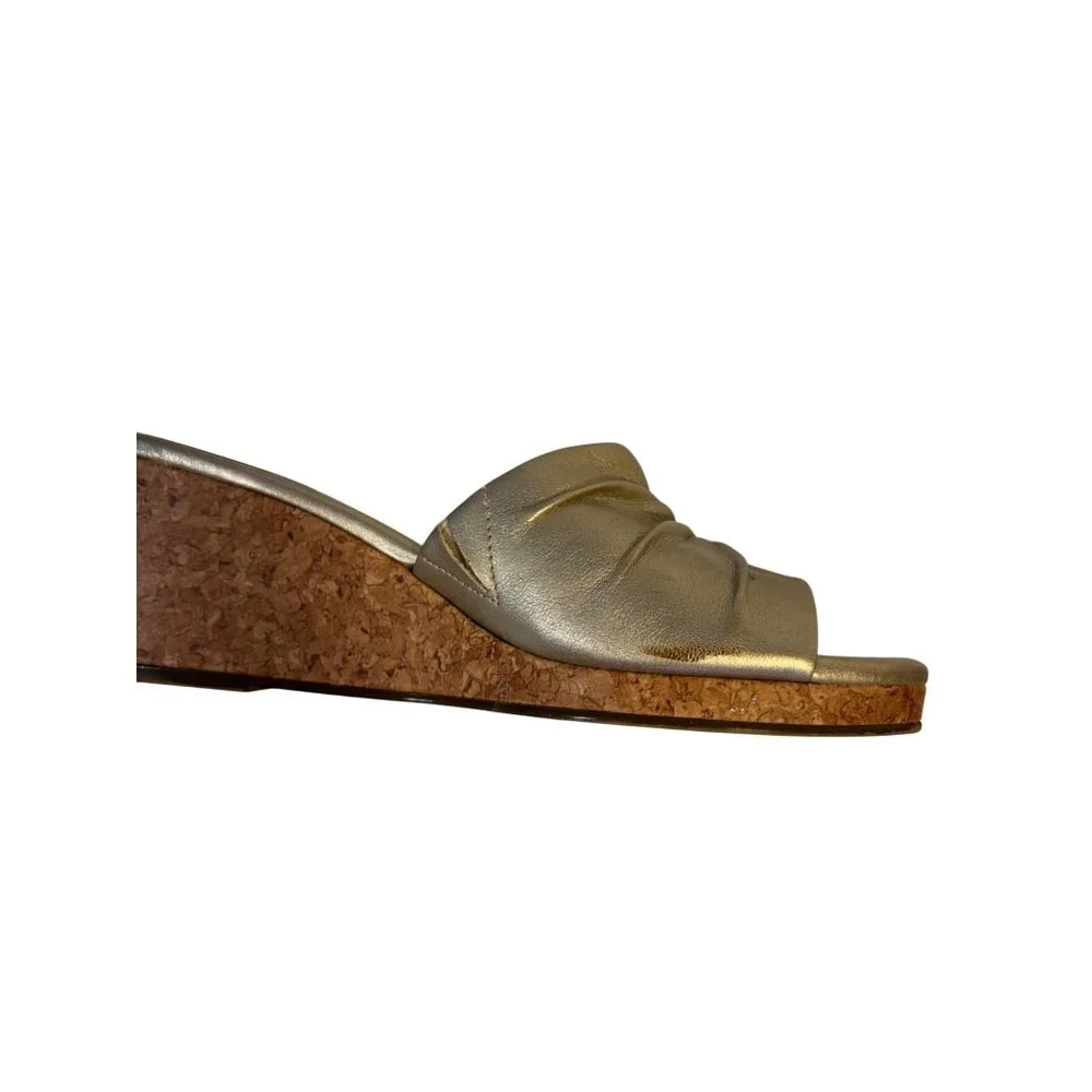 Karen Scott Metallic Gold Slide Wedge Sandals Cork Heel & Ruched Detail Size 7.5